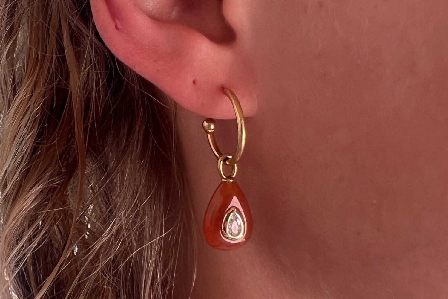 Hana Red Aventurine Gold Hoop Earrings worn with Red Aventurine gemstone drops and waterproof 14k gold PVD hoops for effortless holiday styling.