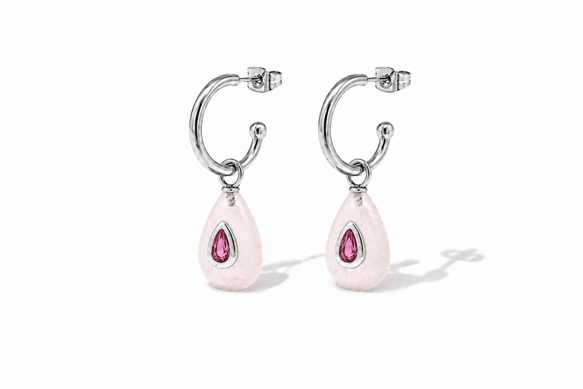 Hana rose quartz teardrop gemstone hoop earrings in silver, a Boho Betty AW26 waterproof earring