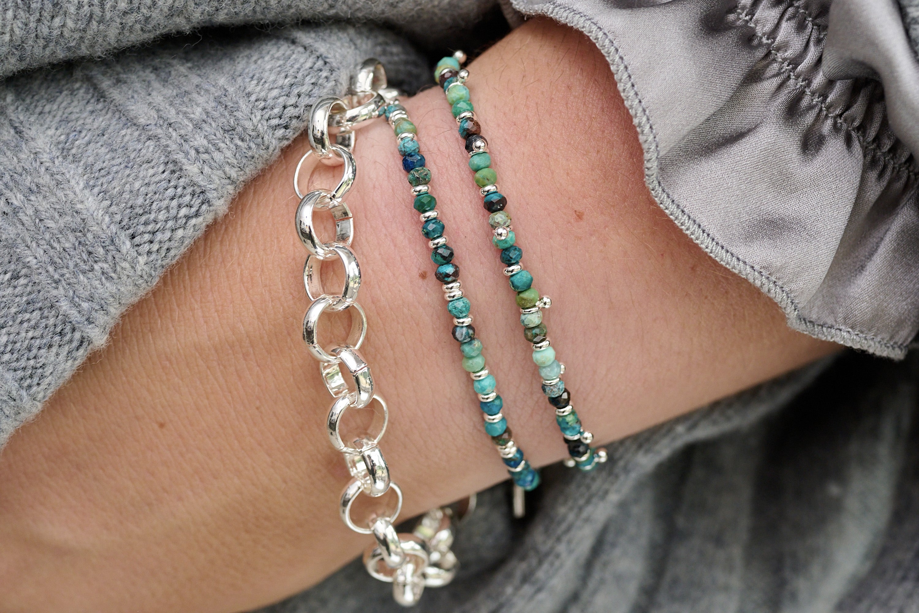 Harmony Azurite Bracelet styled with silver jewellery for a peaceful, intuitive, everyday look.