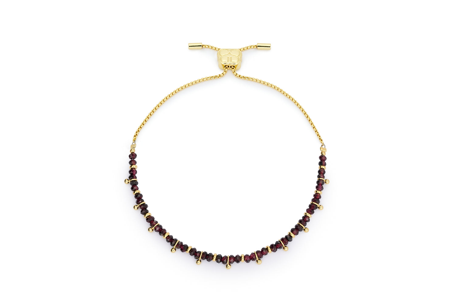 Harmony Garnet gold gemstone bracelet with deep red faceted garnet beads and adjustable gold chain by Boho Betty