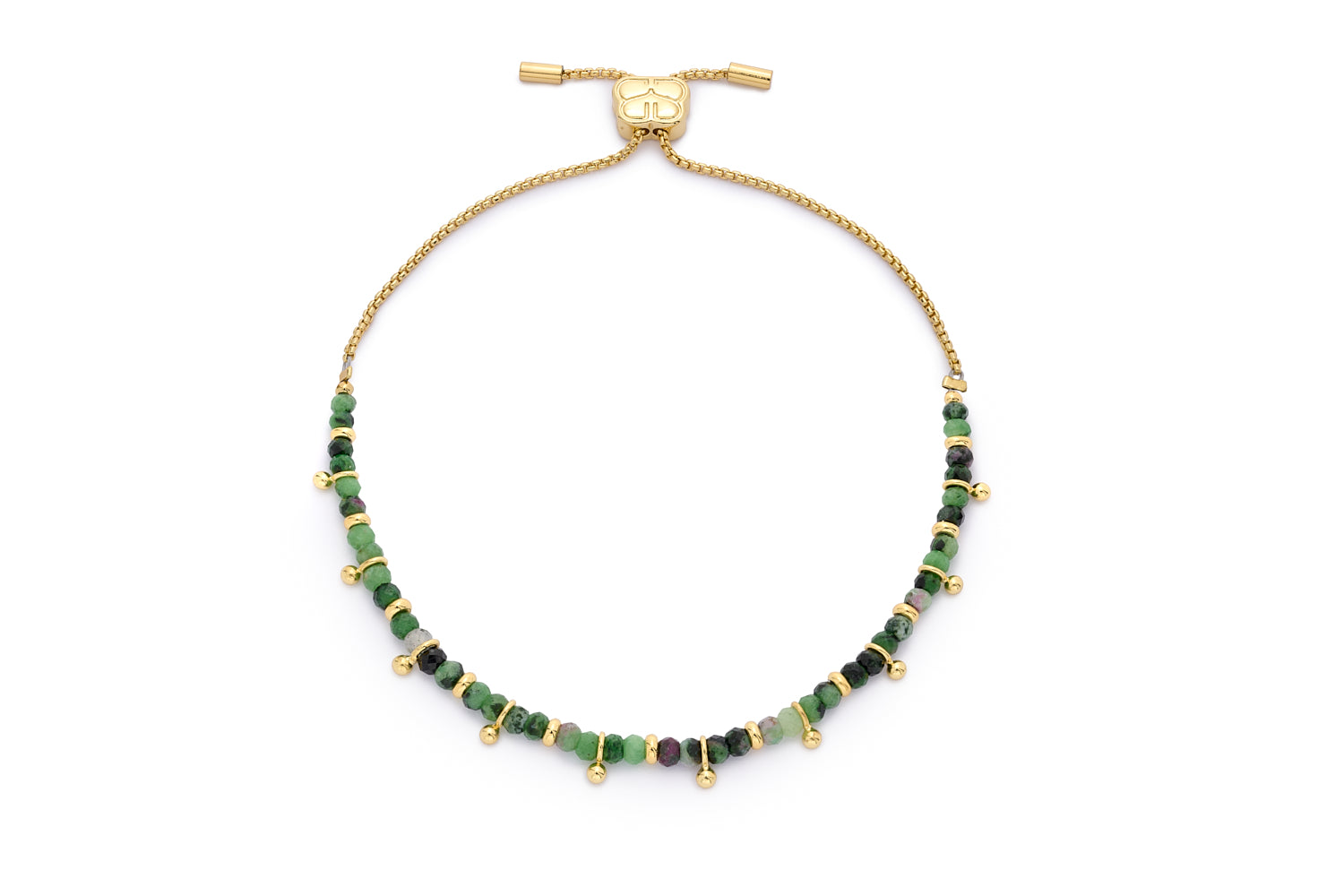 Harmony Ruby Zoisite Bracelet with pink and green gemstone beads, finished with gold aura beads and an adjustable gold slider chain.