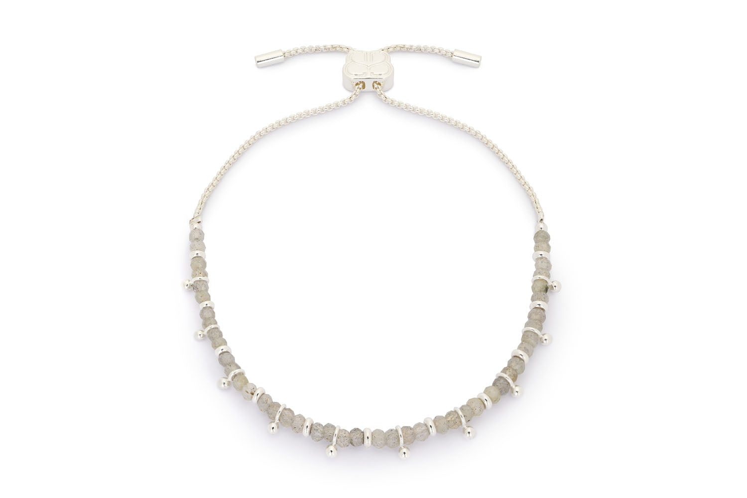 Harmony Labradorite Silver Bracelet featuring faceted labradorite beads, silver aura accents, and an adjustable slider chain.