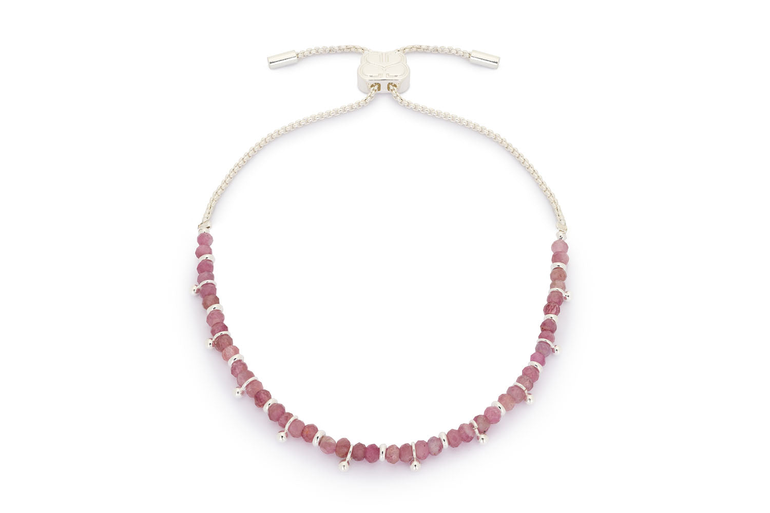 Harmony Pink Tourmaline Silver Bracelet featuring soft pink tourmaline gemstones, silver accents, and an adjustable slider chain.