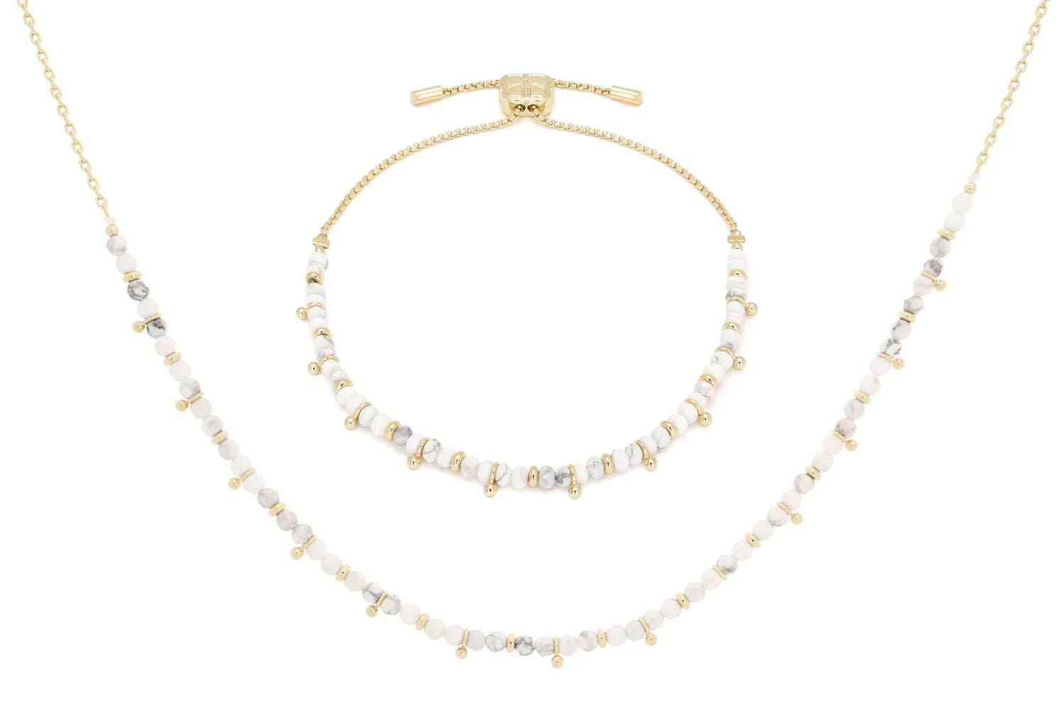Harmony White Howlite Necklace and Bracelet Set featuring calming white howlite gemstones and luxurious 12k gold-plated accents, designed for serene elegance and boho-chic style.