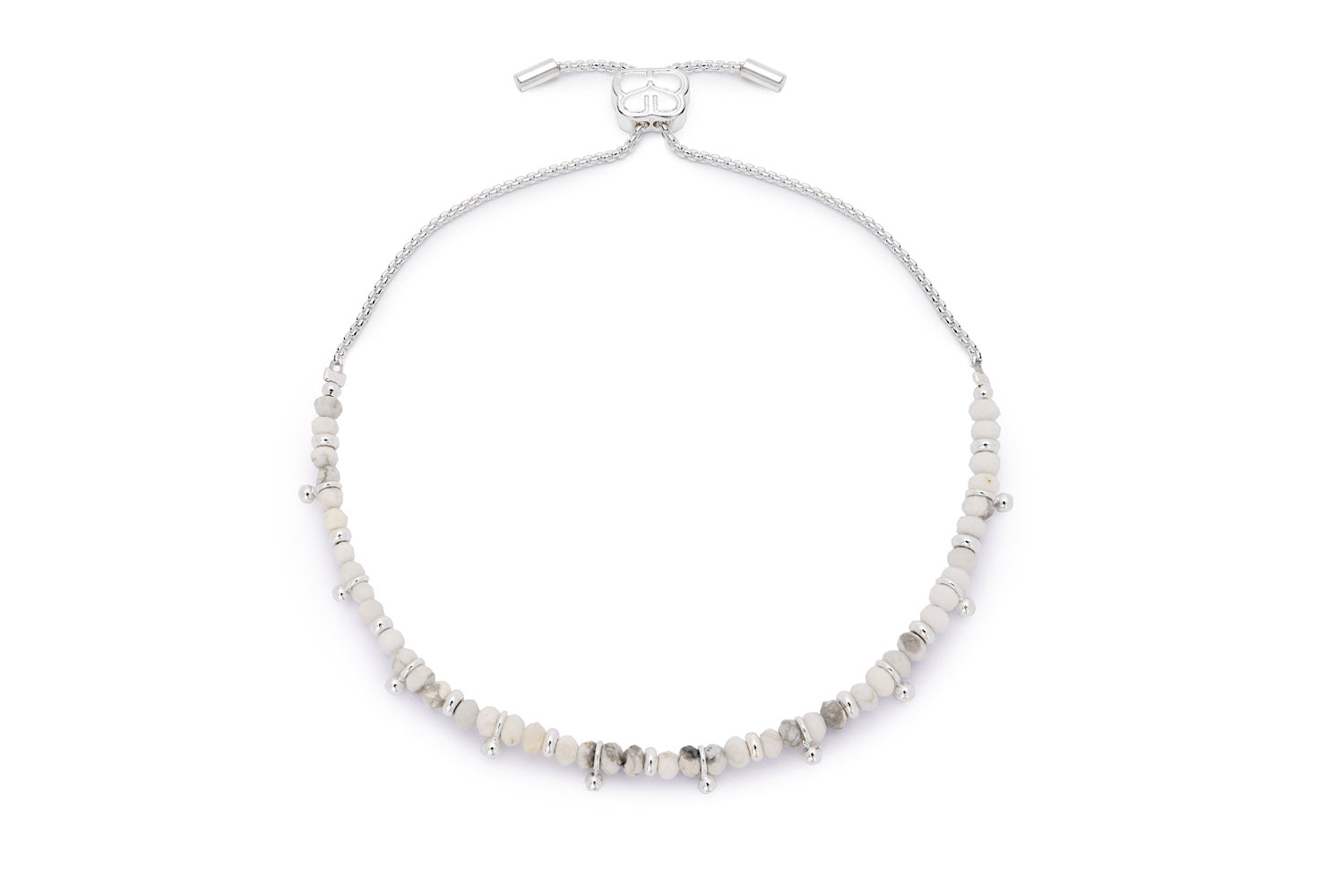 Harmony White Howlite Silver Bracelet featuring natural howlite beads, silver aura accents, and an adjustable slider chain.