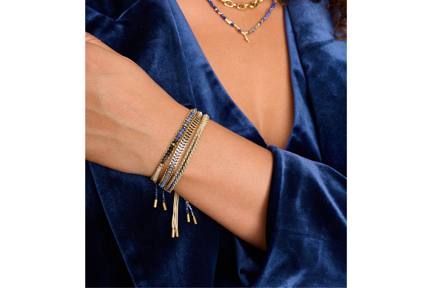 Helaine Navy Gold styled with the Iztac and Bloom bracelets to take you from day to night.