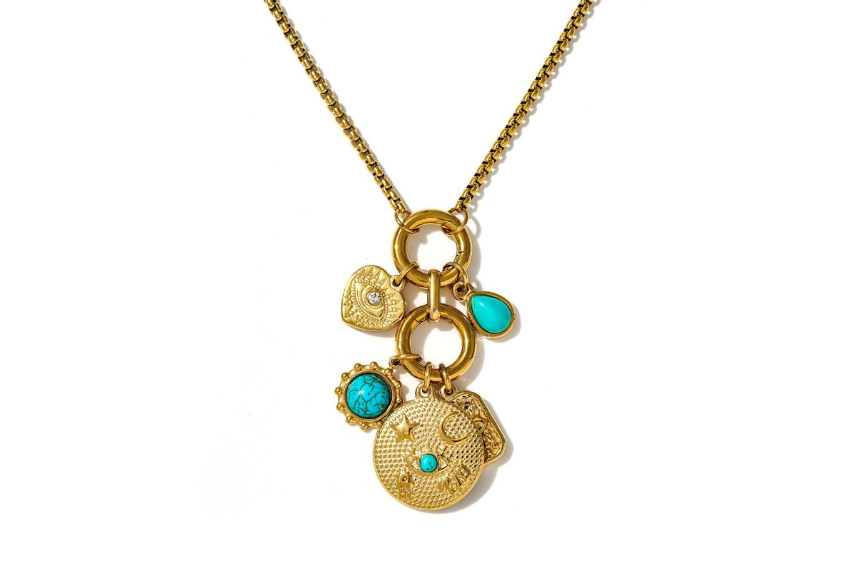 Hemani Turquoise Howlite & Gold Long Charm Pendant Necklace