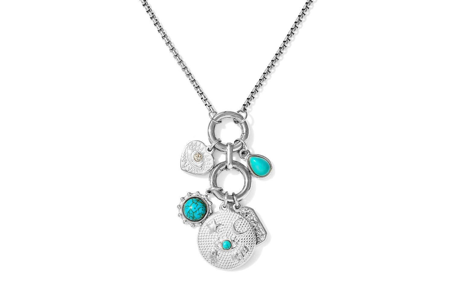 Hemani long polished stainless steel charm necklace with turquoise howlite stones, celestial and heart symbols on a box chain.