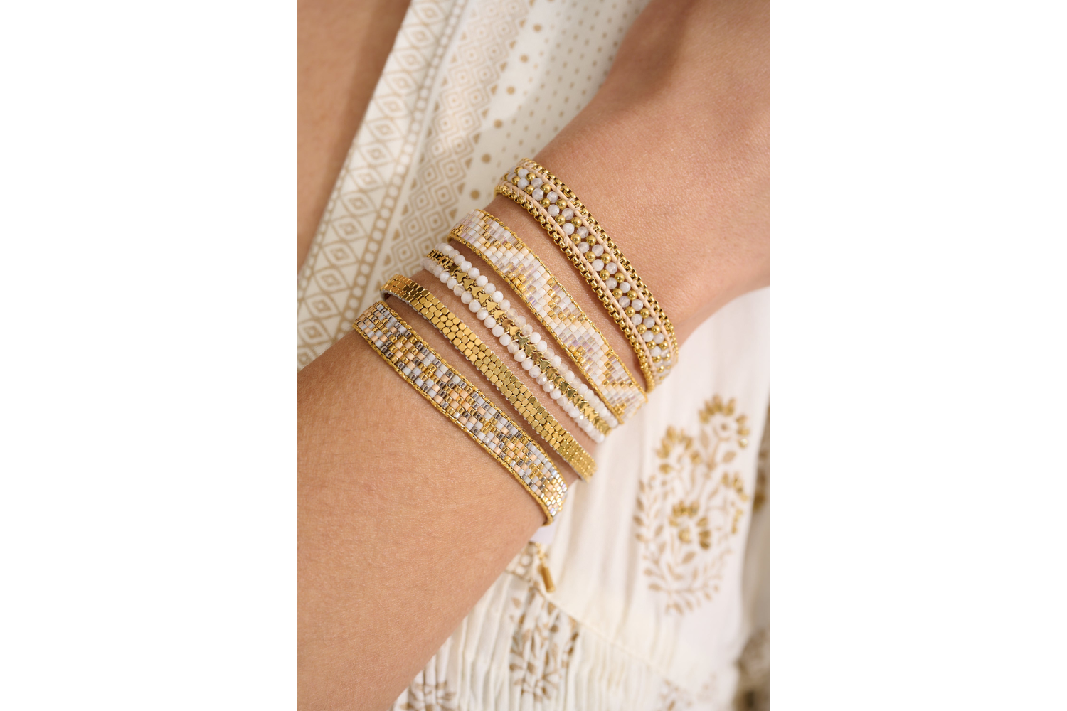 Isla White Moonstone Gold Bracelet styled on the wrist, showcasing delicate moonstone beads and golden accents, perfect for everyday boho-luxe looks.