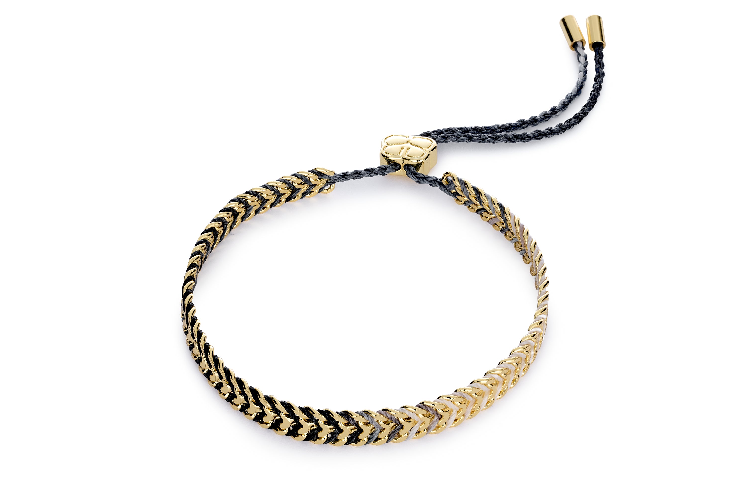 Iztac charcoal and gold braided friendship bracelet with 12k gold-plated brass chain and adjustable slider