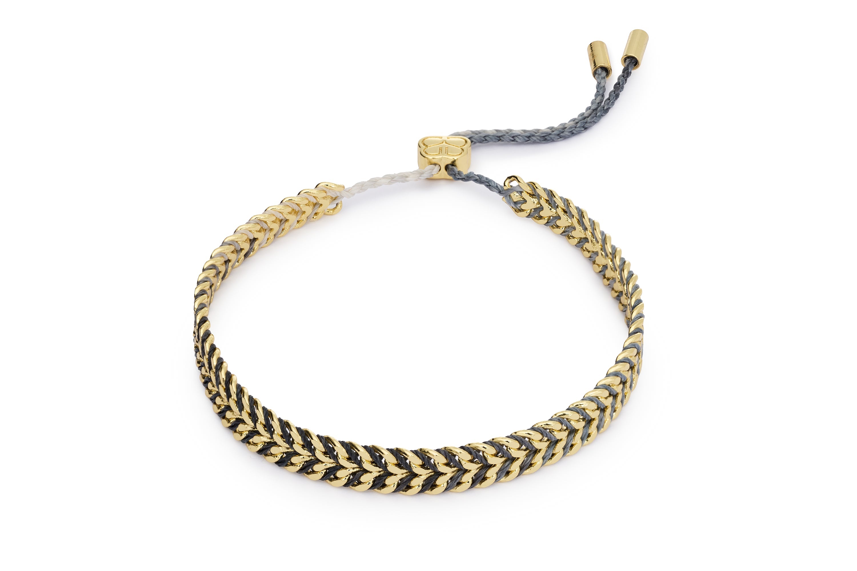 Iztac charcoal and gold braided friendship bracelet with 12k gold-plated brass chain and adjustable slider