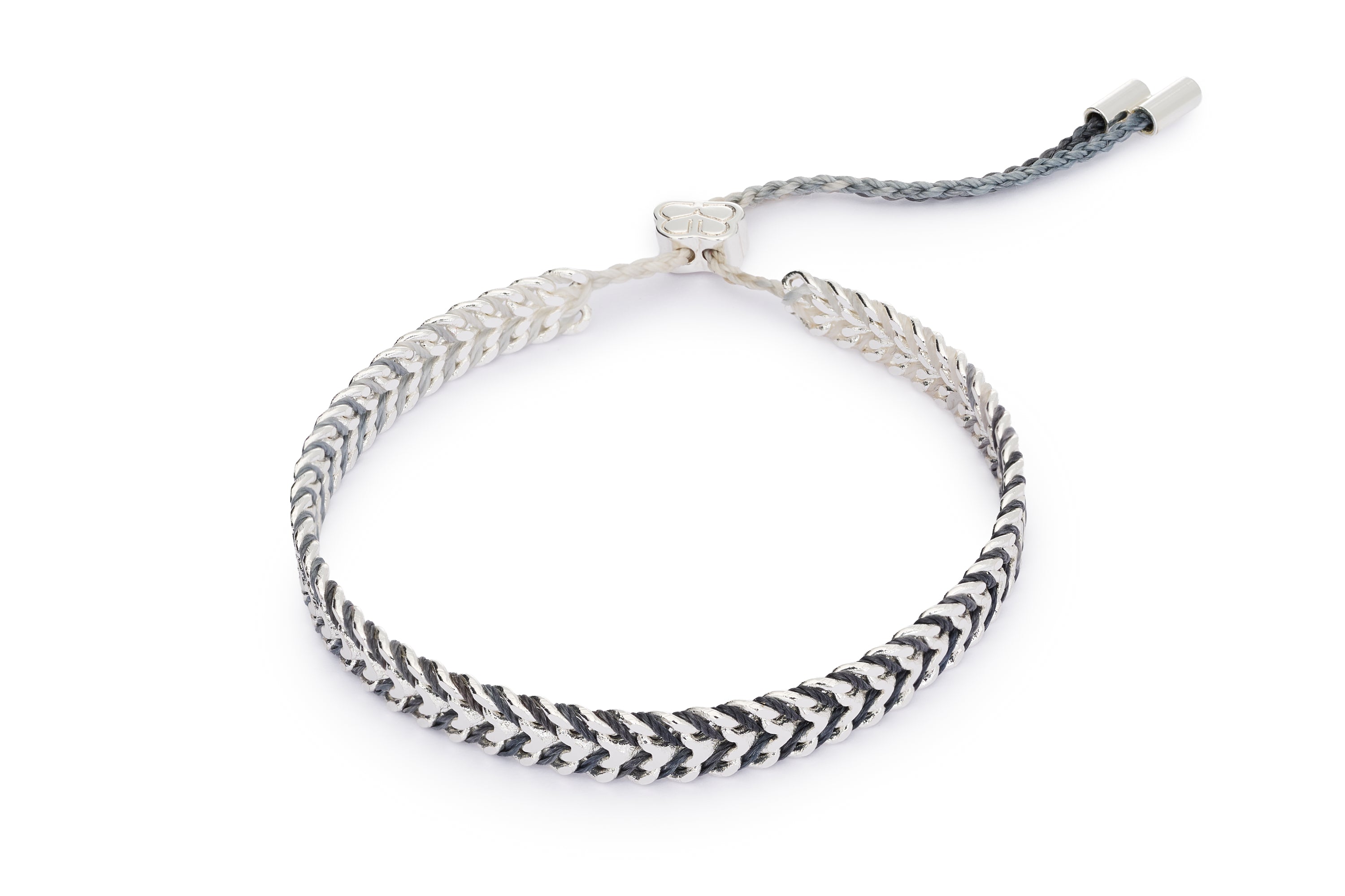 Iztac charcoal and silver braided friendship bracelet with sterling silver-plated brass chain and adjustable slider