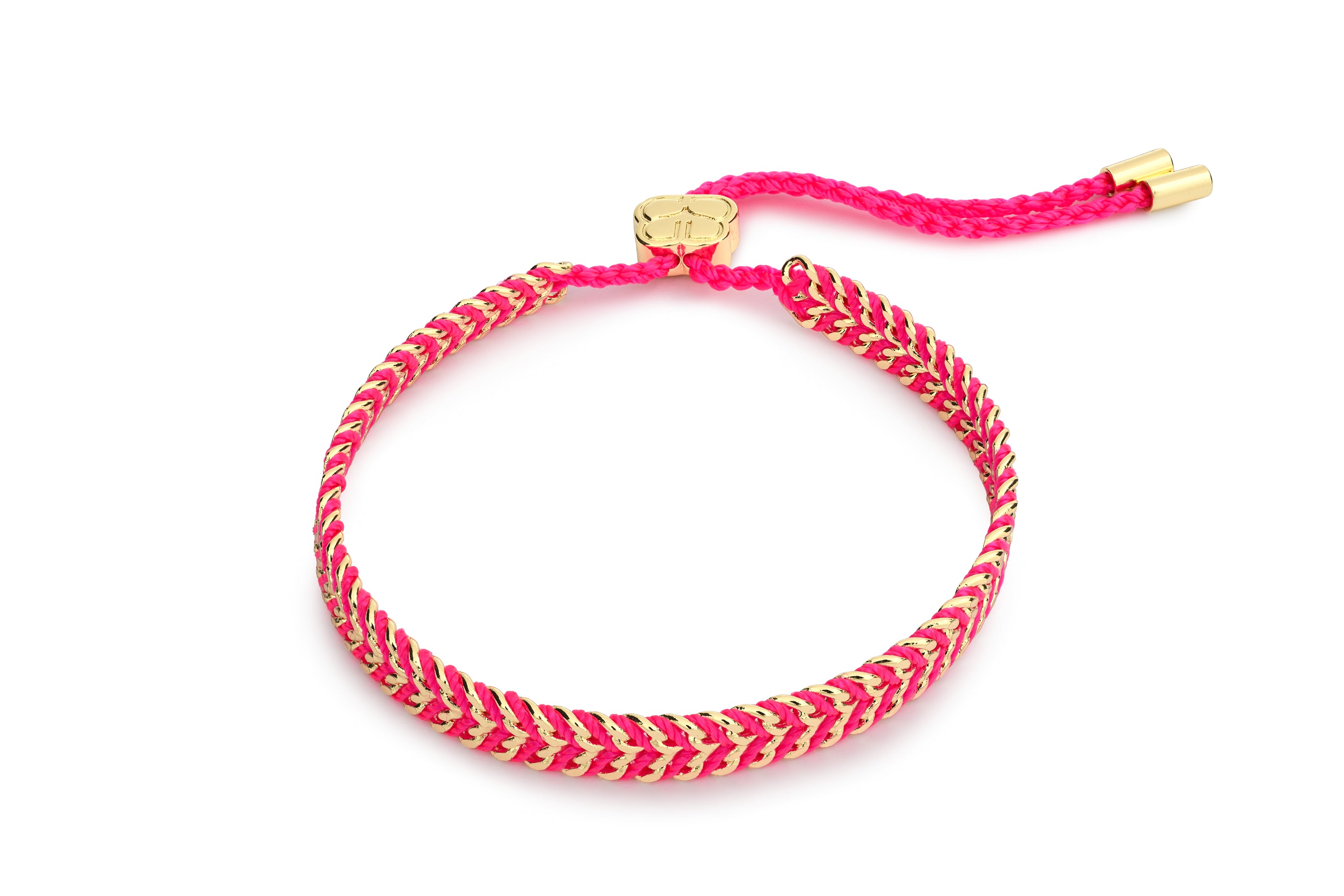 Iztac Gold & Hot Pink Woven Bracelet with vivid pink braided thread woven through a polished gold chain and adjustable slider fastening.