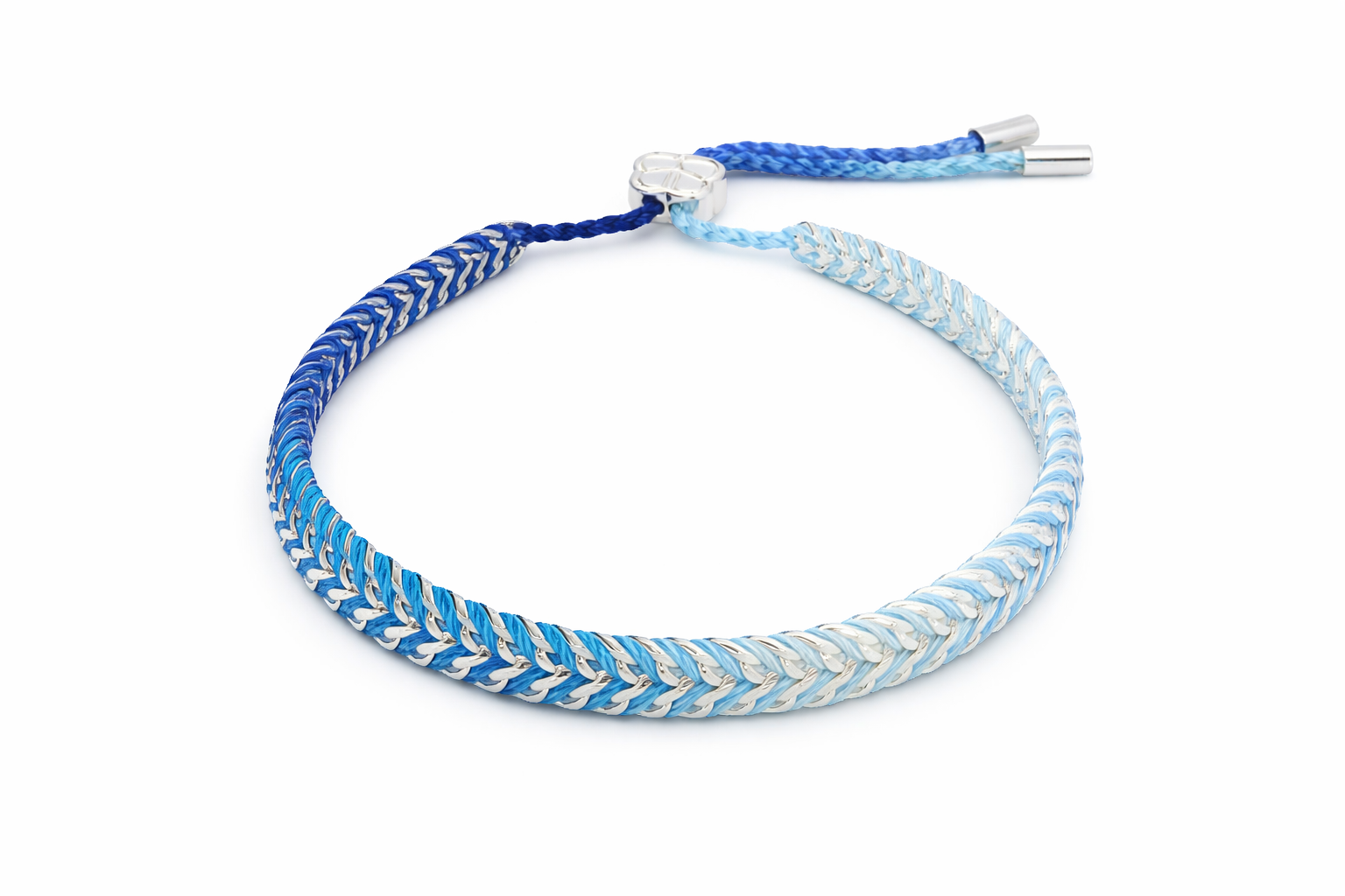 Iztac Midnight Silver braided bracelet in ombré blue shades with silver accents on white background