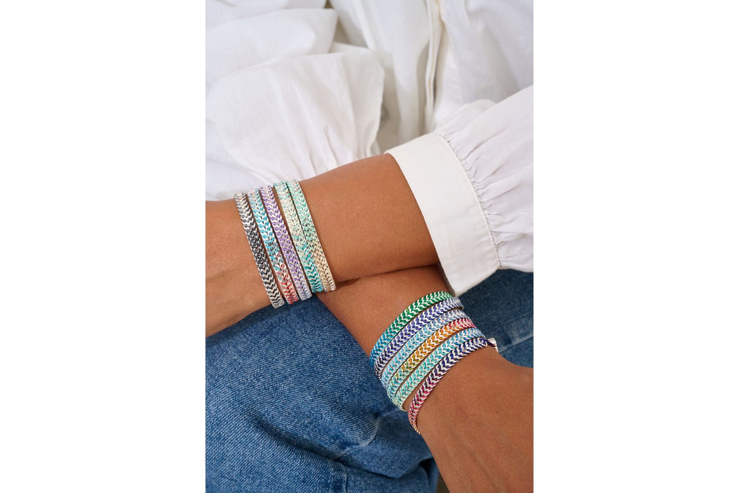 Iztac Midnight Silver braided bracelet featured on wrist with Boho Betty stacking bracelets