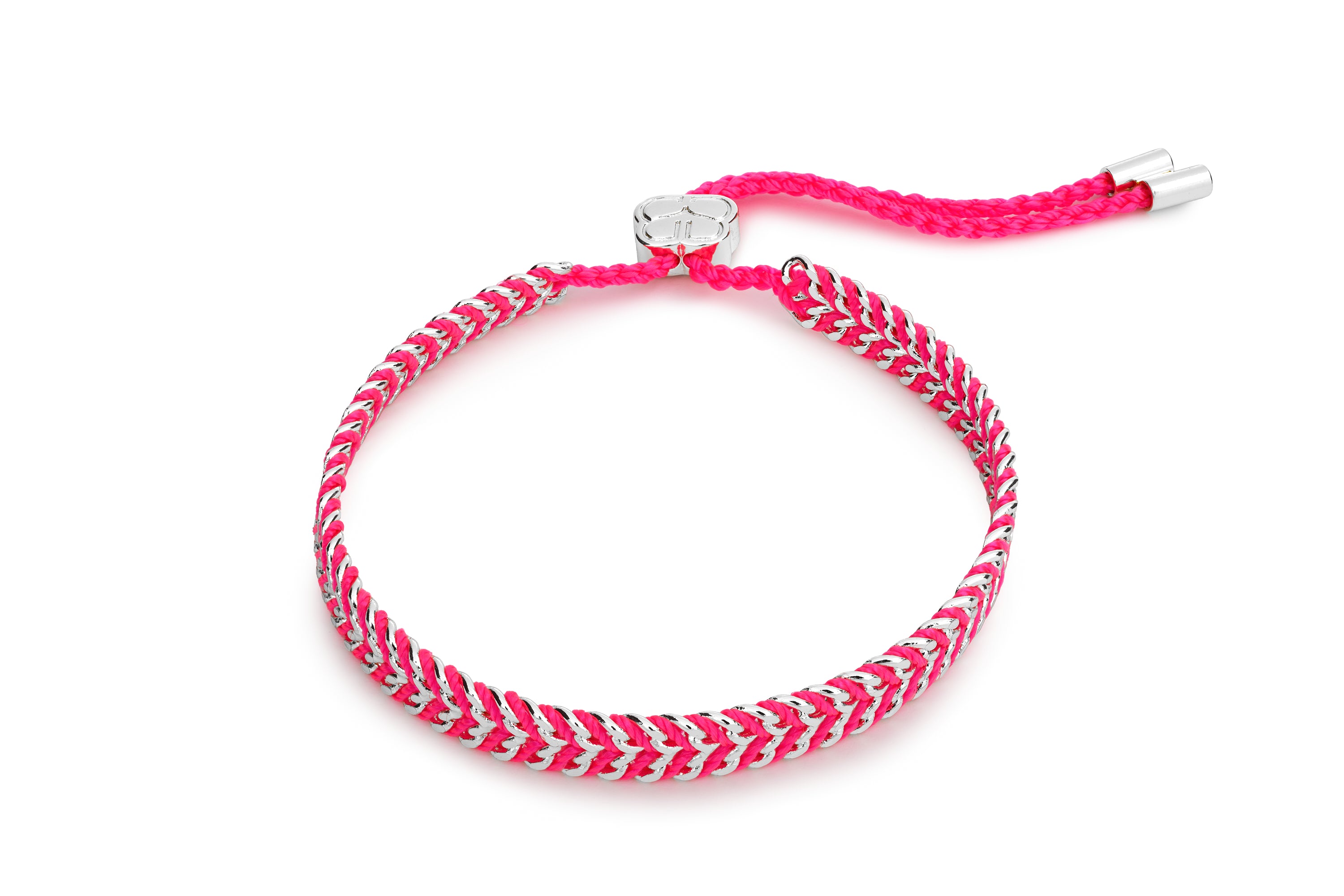Iztac Silver & Hot Pink Woven Bracelet with vivid pink braided thread woven through a polished silver chain and adjustable slider fastening.