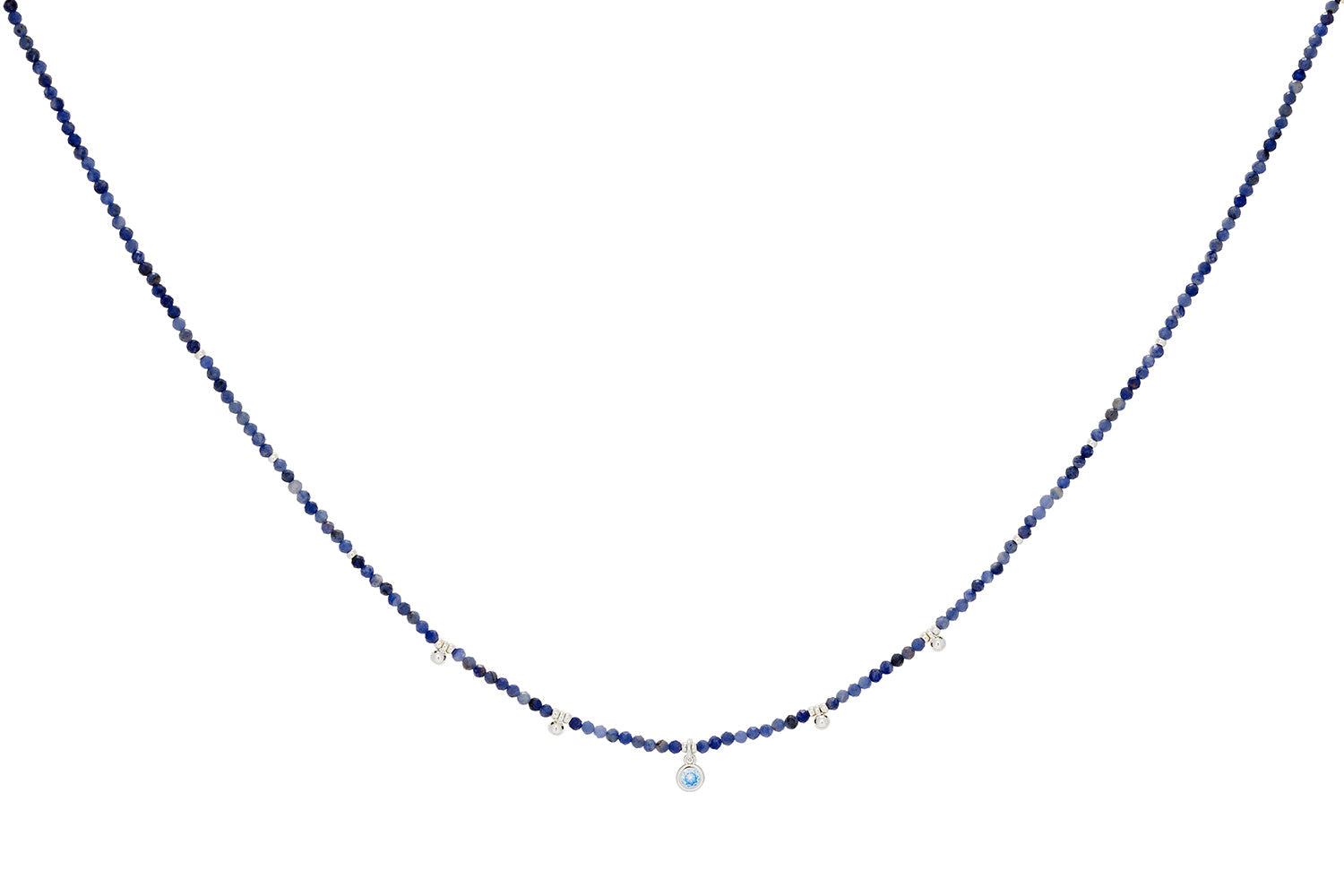 Jasmine Silver & Blue Aventurine Beaded Pendant Necklace featuring Blue Aventurine beads, a blue CZ pendant, and sterling silver-plated accents with an adjustable chain.