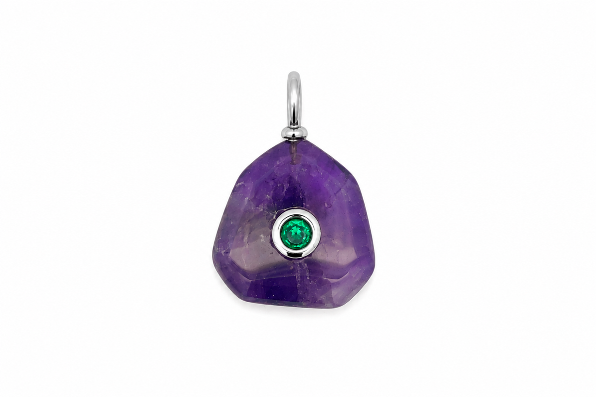 Kalis Amethyst Silver Charm by Boho Betty – waterproof purple amethyst gemstone charm pendant with a green crystal centre in silver, an interchangeable collectable charm for a charm necklace