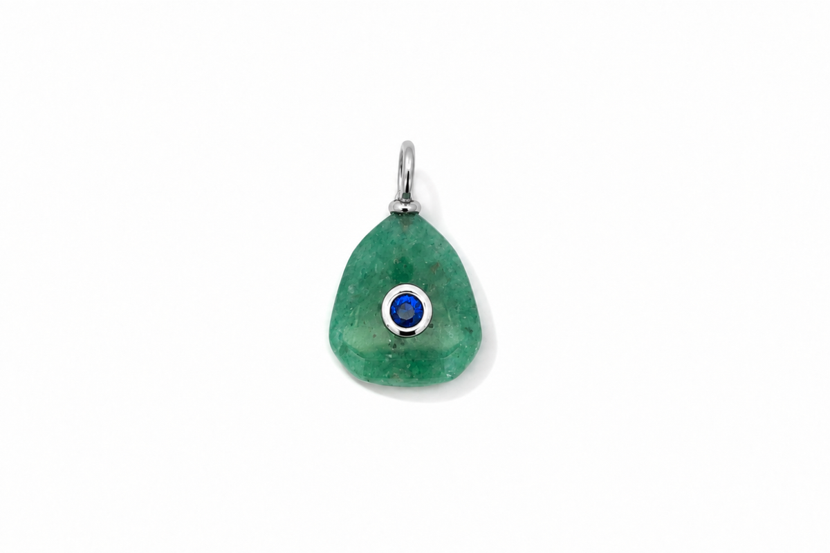 Kalis Green Strawberry Quartz Silver Charm by Boho Betty – waterproof green gemstone charm pendant with a blue crystal centre in silver, an interchangeable collectable charm for a charm necklace