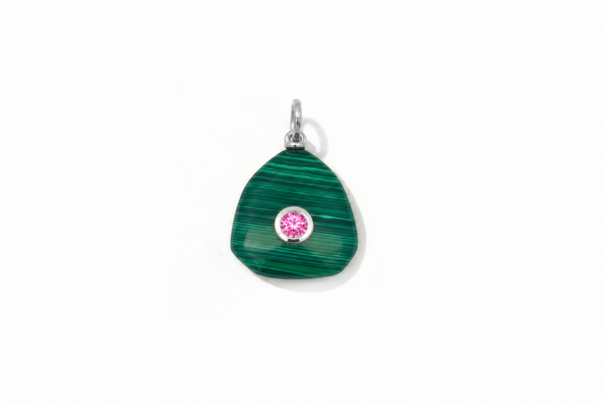 Kalis Malachite Silver Charm by Boho Betty – waterproof green malachite gemstone charm pendant with a pink crystal centre in silver, an interchangeable collectable charm for a charm necklace