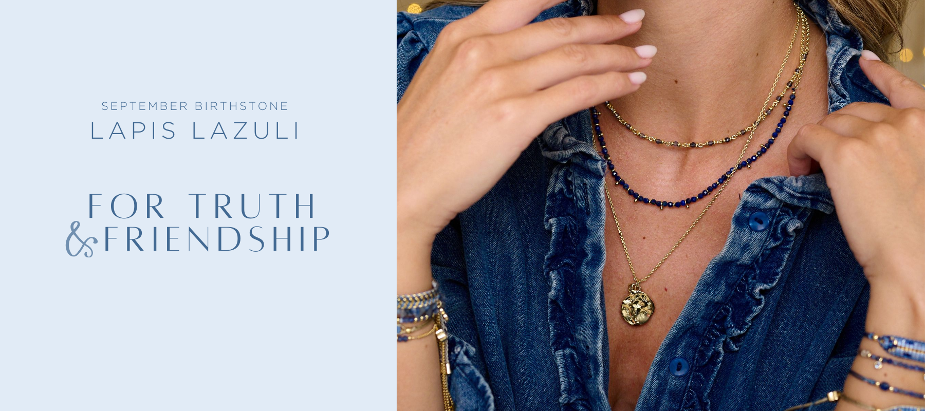 Person wearing lapis lazuli jewelry with text about September birthstone and its meanings.