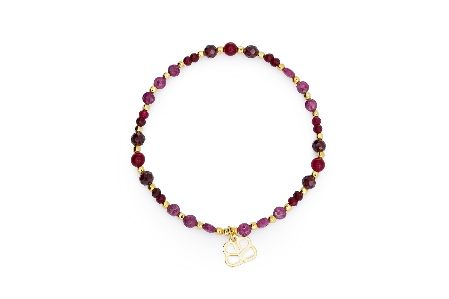 Laria gold stretch bracelet with garnet January birthstone beads and Boho Betty charm on white background