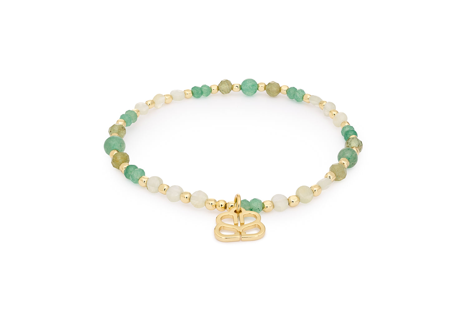 Laria Green Apatite, Prehnite & Gold Beaded Bracelet featuring green apatite and prehnite gemstones with 12k gold-plated brass beads in an 18cm stretch-fit design.