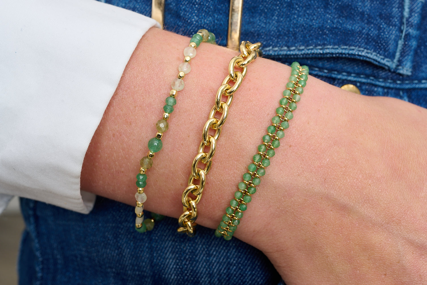 Laria Green Apatite, Prehnite & Gold Beaded Bracelet featured on wrist with Boho Betty stacking bracelets in green and gold gemstone tones.