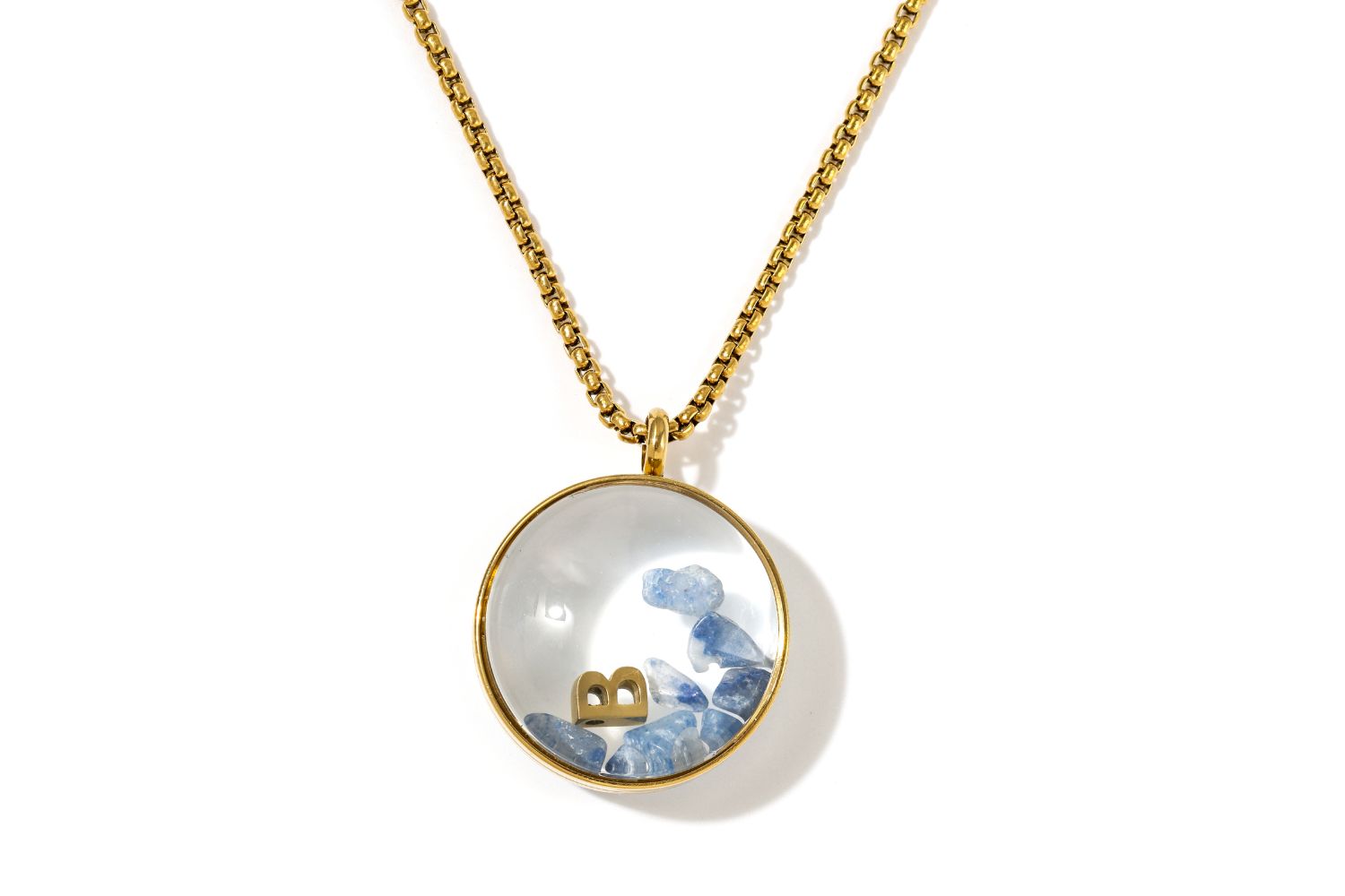 Leilani Personalised Gold Locket Necklace featuring Blue Aventurine chips and an engraved initial charm inside a glass fillable pendant on a gold chain.