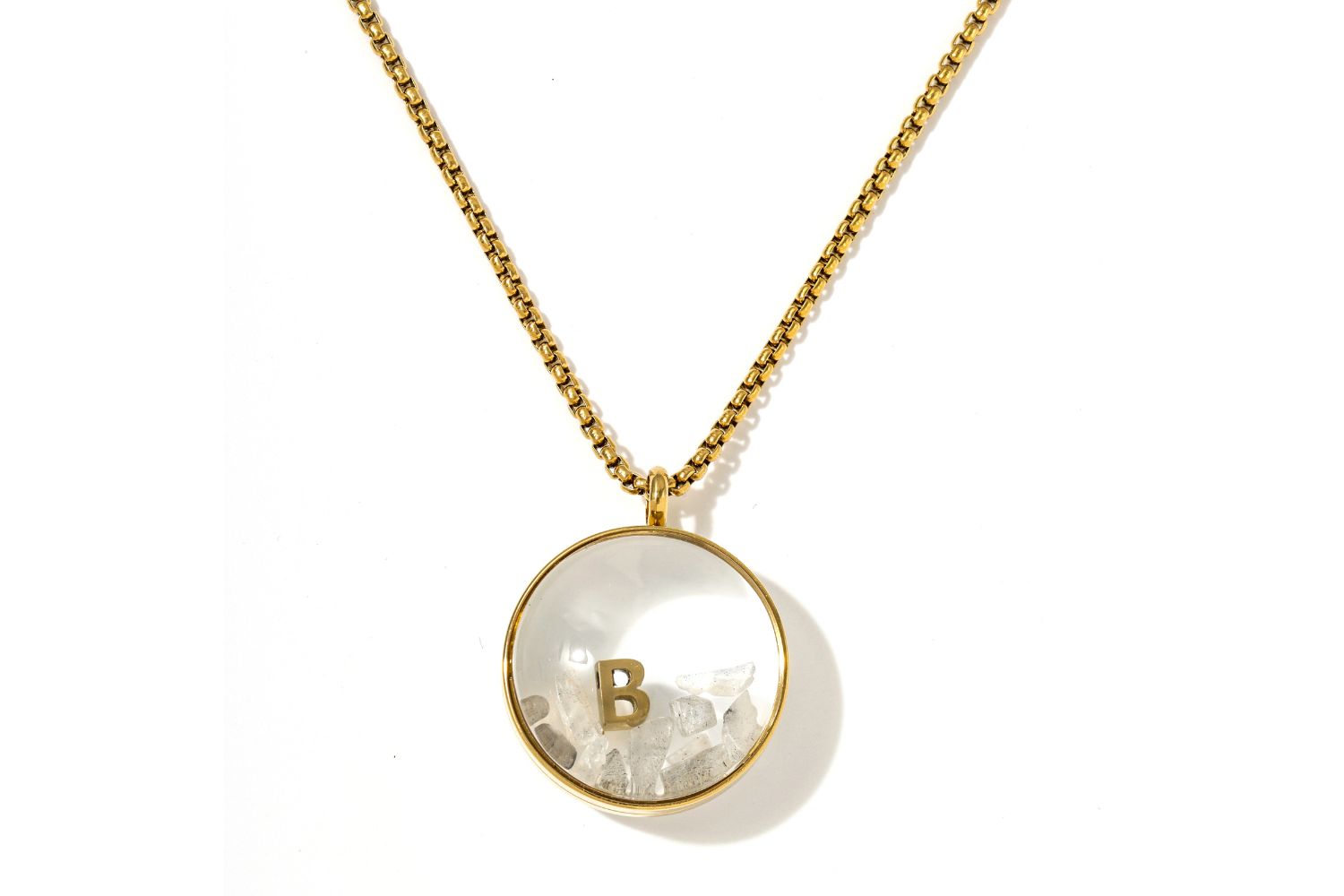 Leilani Personalised Gold Locket Necklace featuring Labradorite chips and an engraved initial charm inside a glass fillable pendant on a gold chain.
