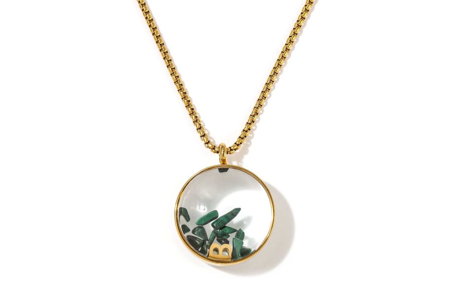Leilani Personalised Gold Locket Necklace featuring Malachite chips and an engraved initial charm inside a glass fillable pendant on a gold chain.