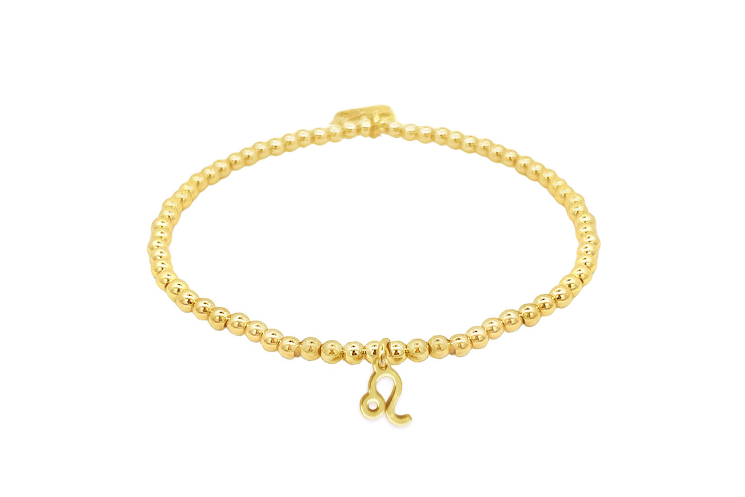 Gold stretch bead bracelet featuring a polished Leo zodiac charm and Boho Betty signature tag, designed for astrology lovers.
