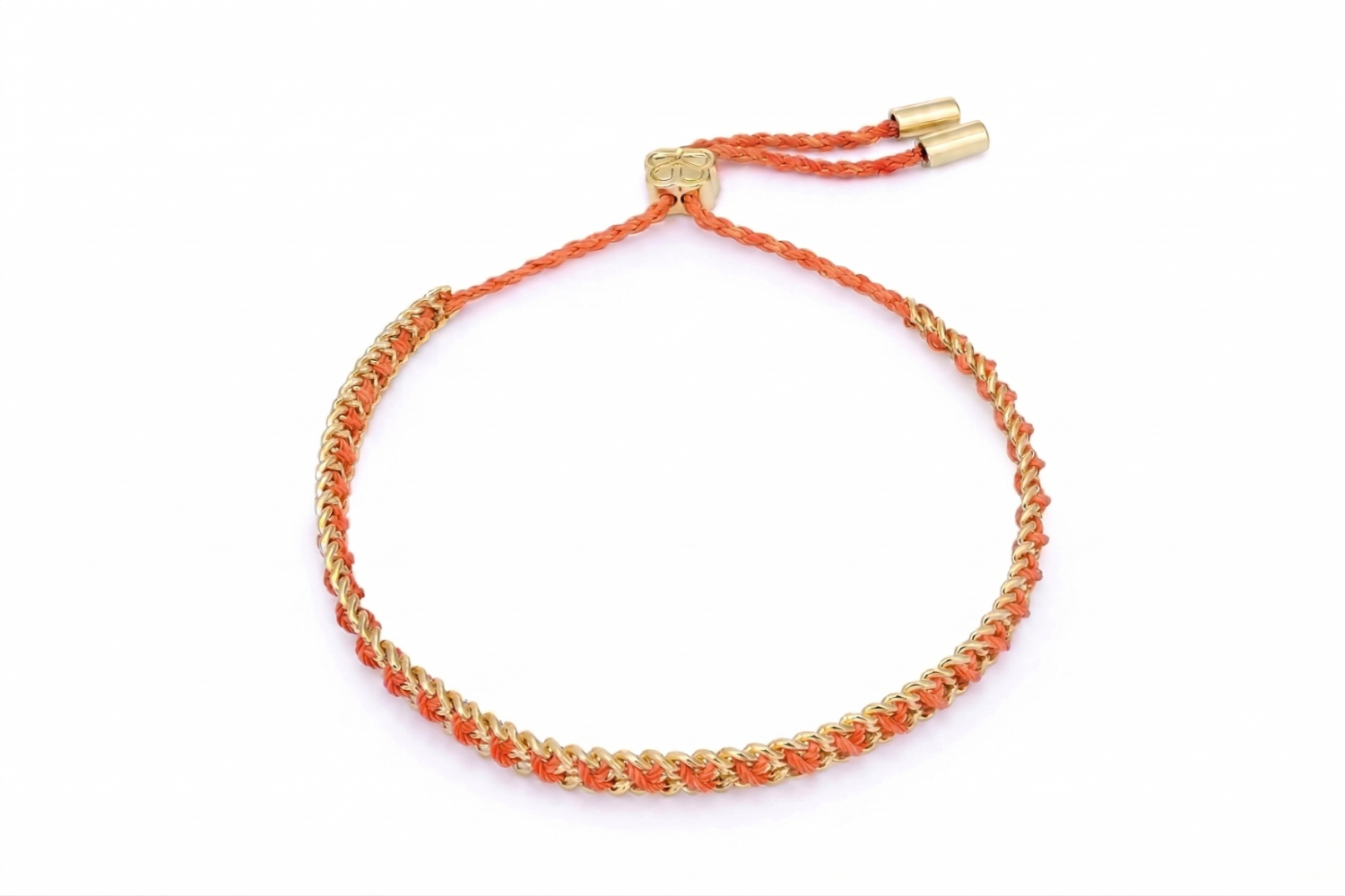 Lilia Gold & Neon Orange Woven Bracelet featuring bright neon orange braided thread woven through a polished gold chain with an adjustable slider fastening.