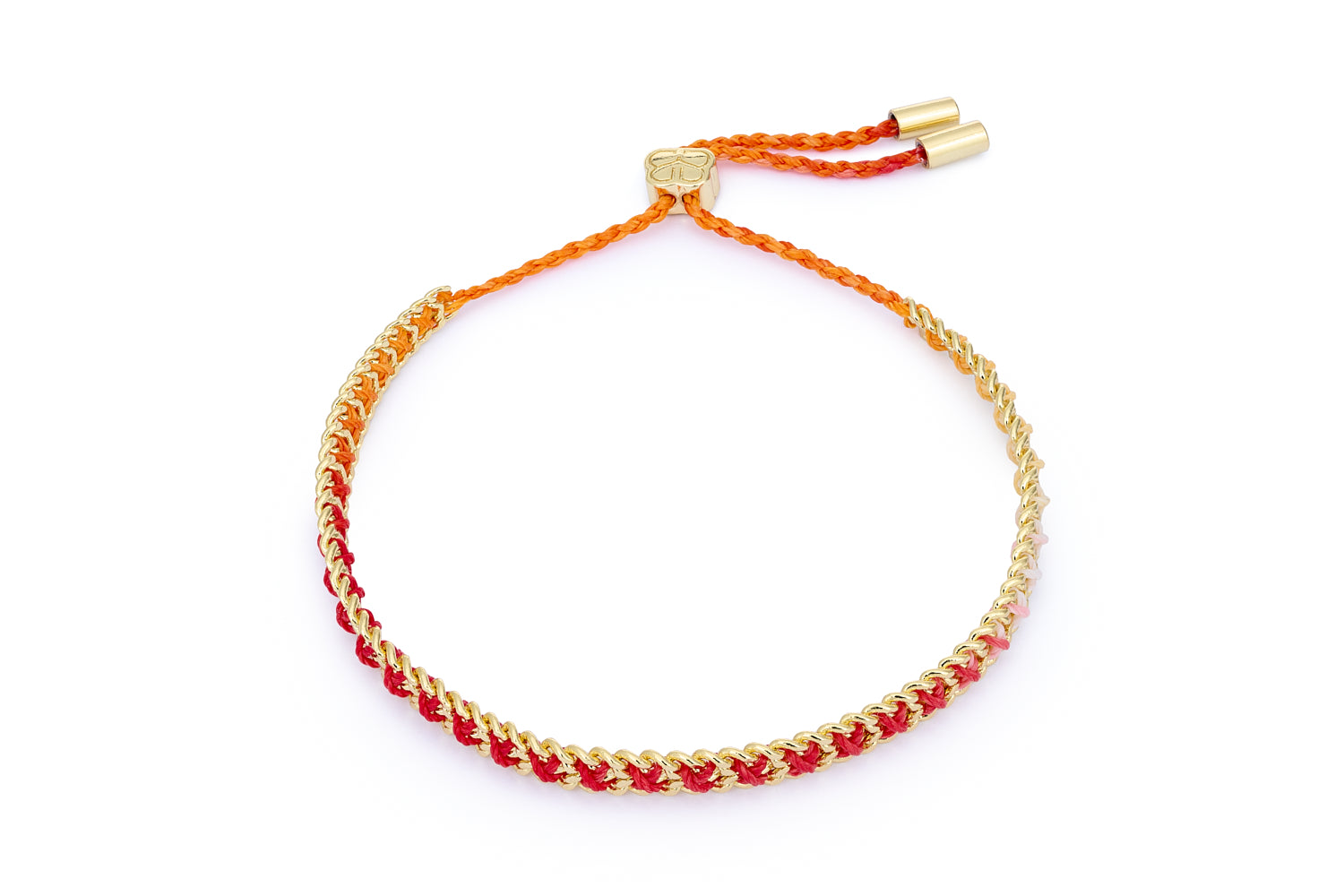 Lilia Golden Sunset Ombre Braided Bracelet featuring fiery reds, sunset oranges, and gold-plated chain details with an adjustable slider fastening.