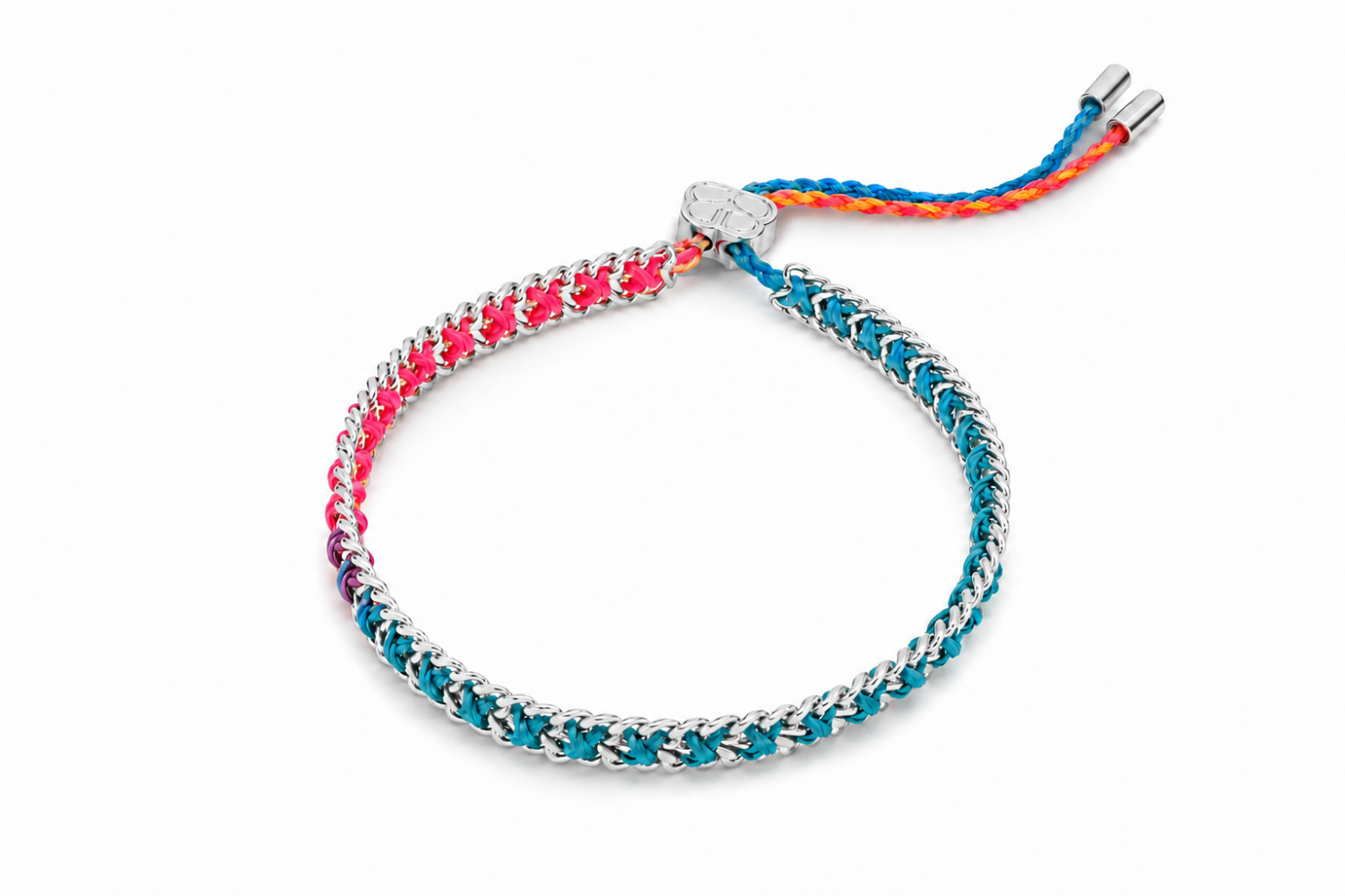 Lilia Havana Brights Silver Braided Bracelet featuring vibrant woven threads with white gold PVD stainless steel chain.