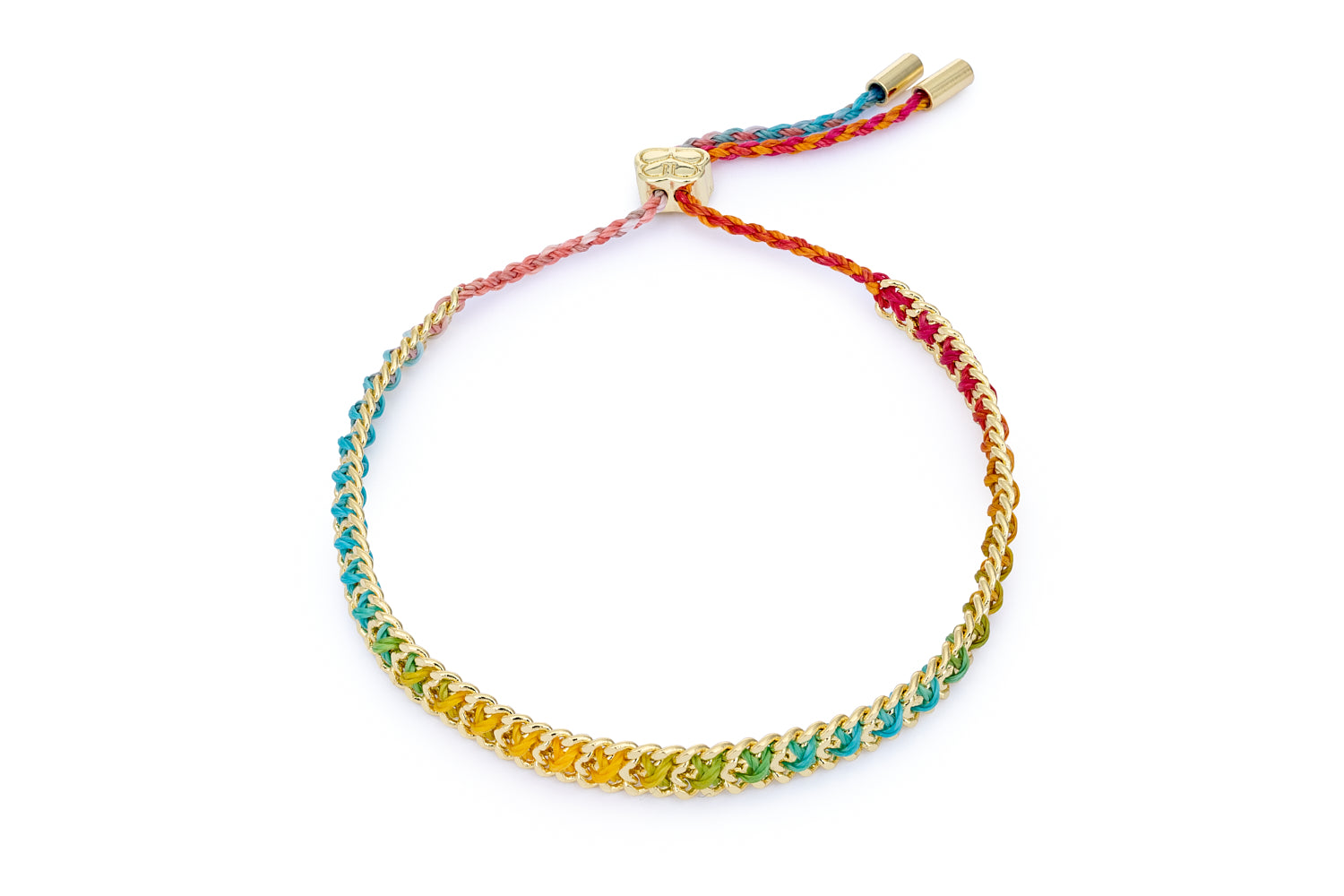 Lilia Rainbow Ombre Gold Bracelet featuring bold red, yellow, green, and blue hues, woven through a gold-plated chain with an adjustable slider fastening.