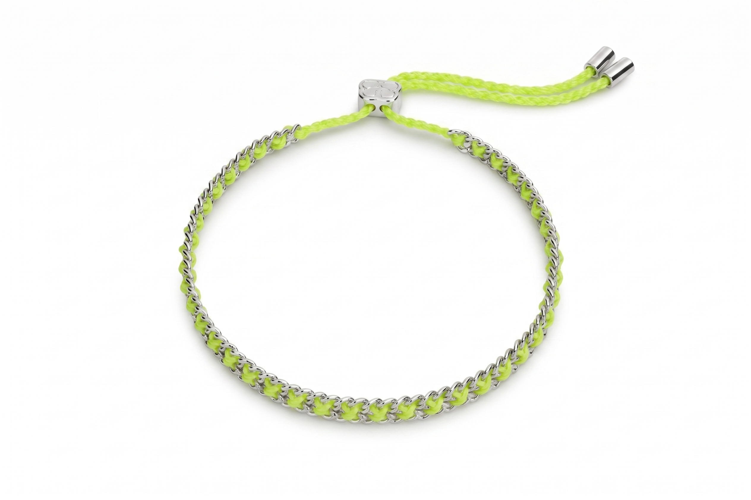 Lilia Silver & Neon Yellow Woven Bracelet featuring bright neon yellow braided thread woven through a polished silver chain with an adjustable slider fastening.