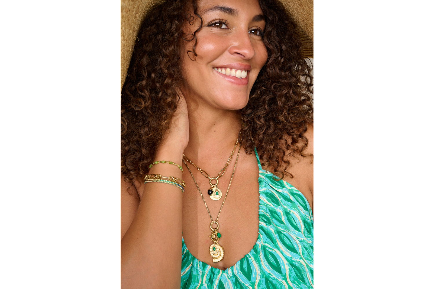 Necklace featured on model with Boho Betty gold stacking chains