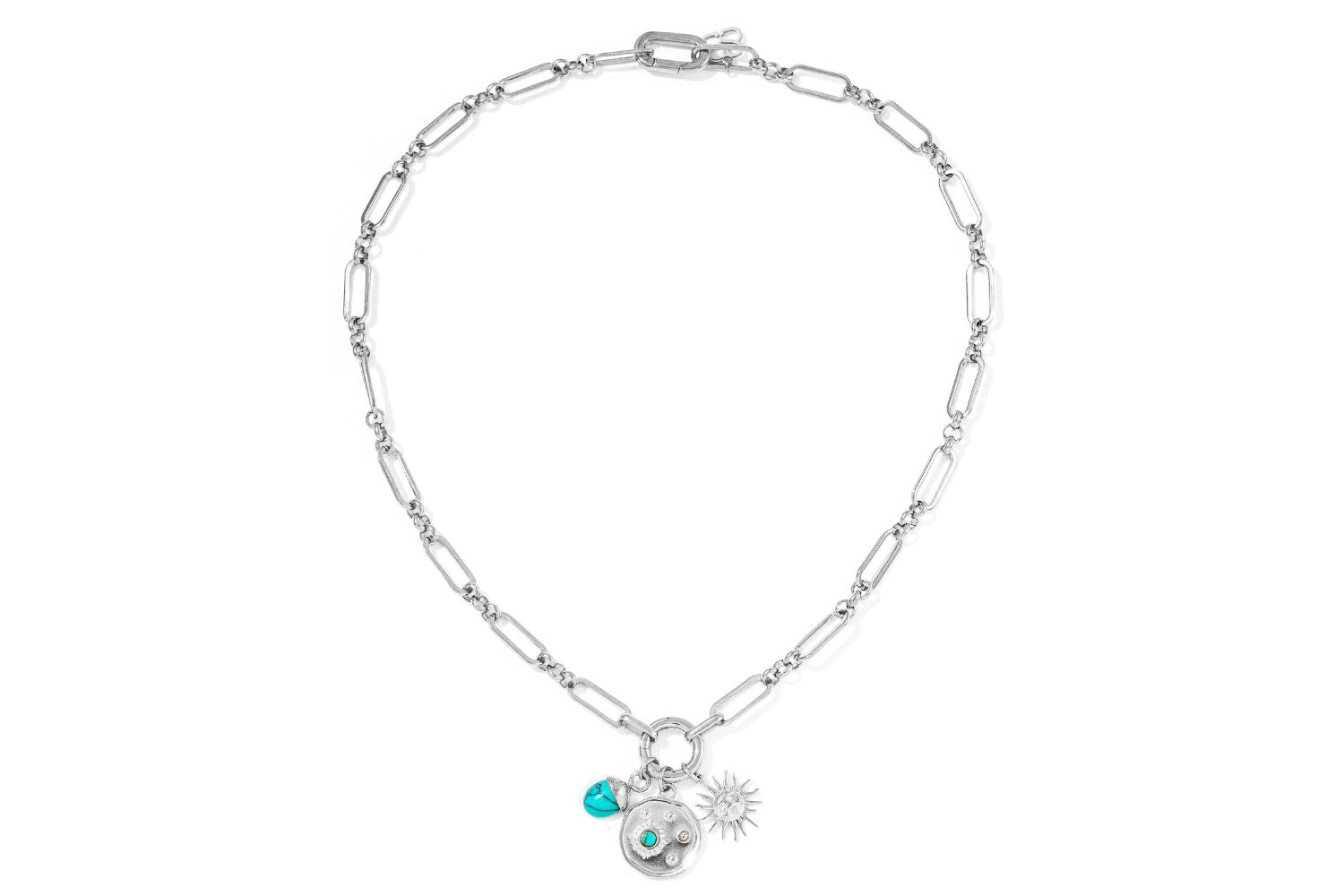 Full length Luma Turquoise Howlite Polished Stainless Steel Waterproof Necklace with detachable charms.