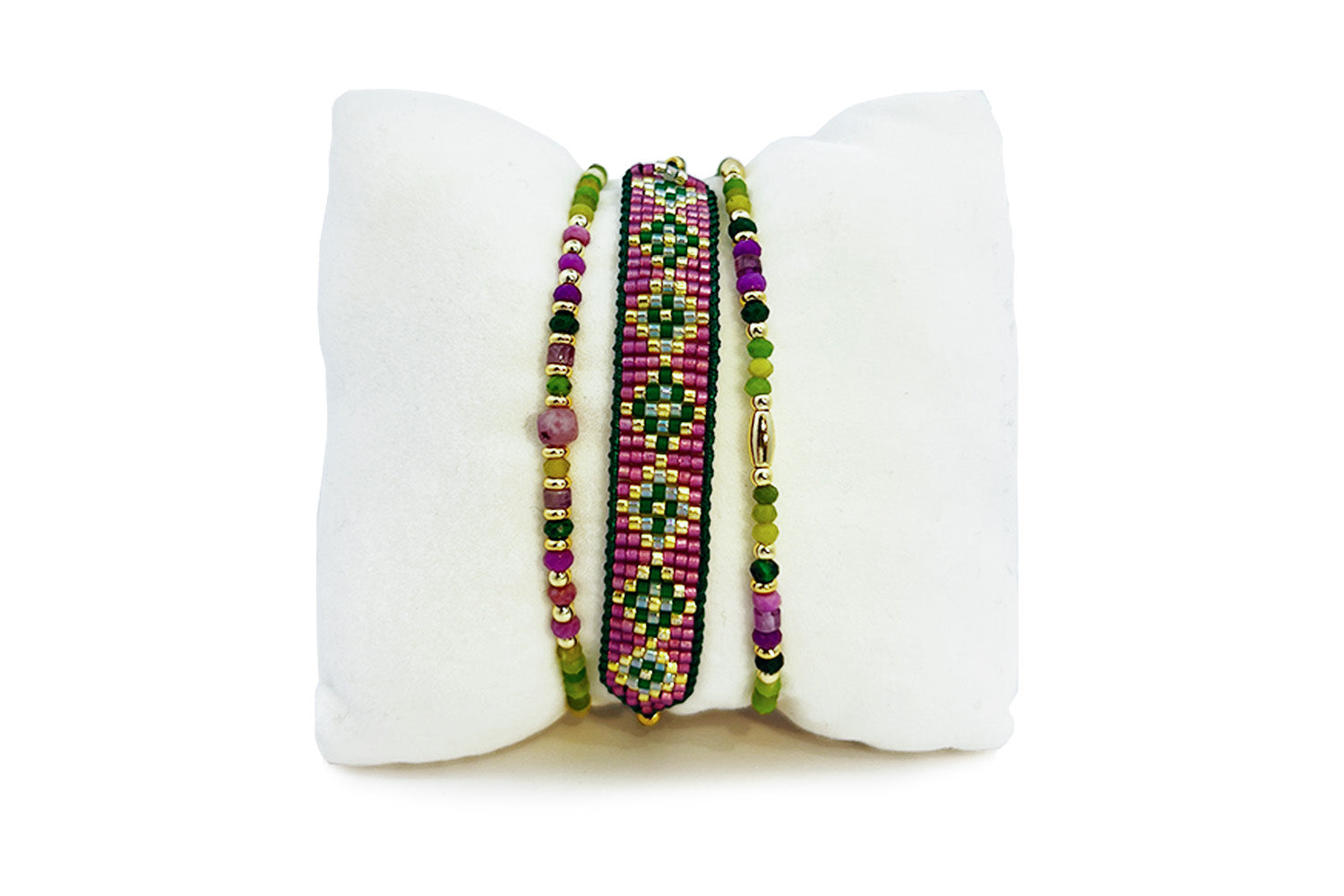 Madeira purple and green gold bracelet stack with floral Miyuki beadwork and two slim gemstone strands, adjustable slider fit