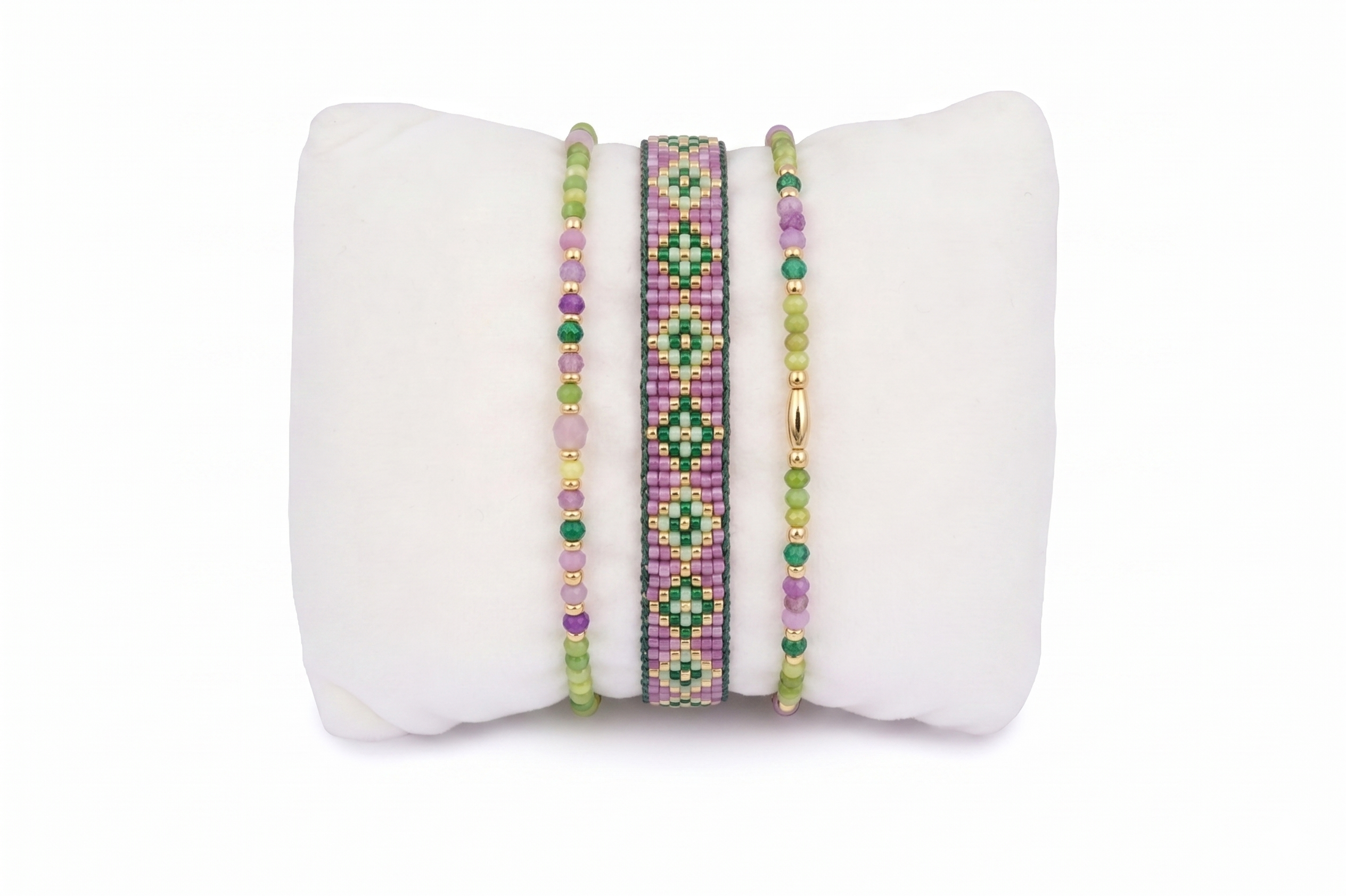 Madeira purple and green gold bracelet stack with floral Miyuki beadwork and two slim gemstone strands, adjustable slider fit