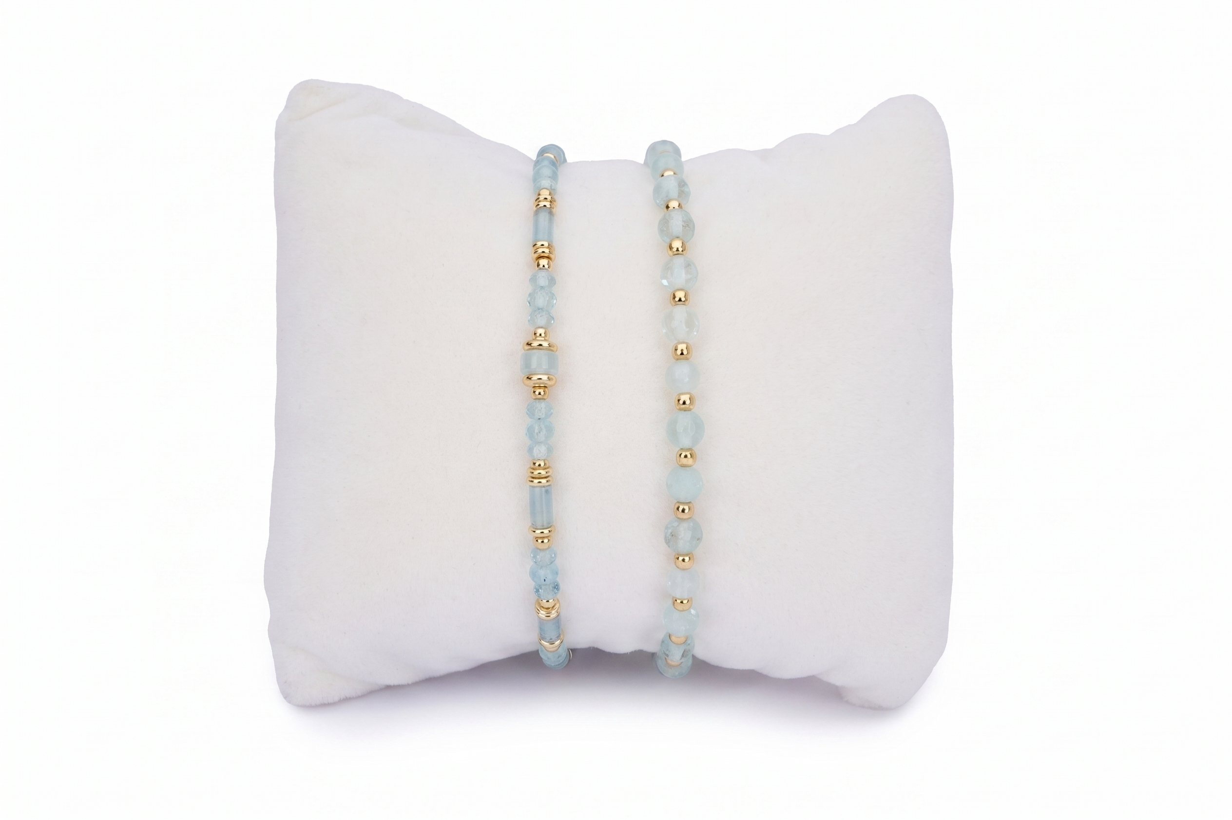 Magdalena Blue Topaz & Gold Stacking Bracelets, slider-chain and stretch bead duo with polished gold accents.