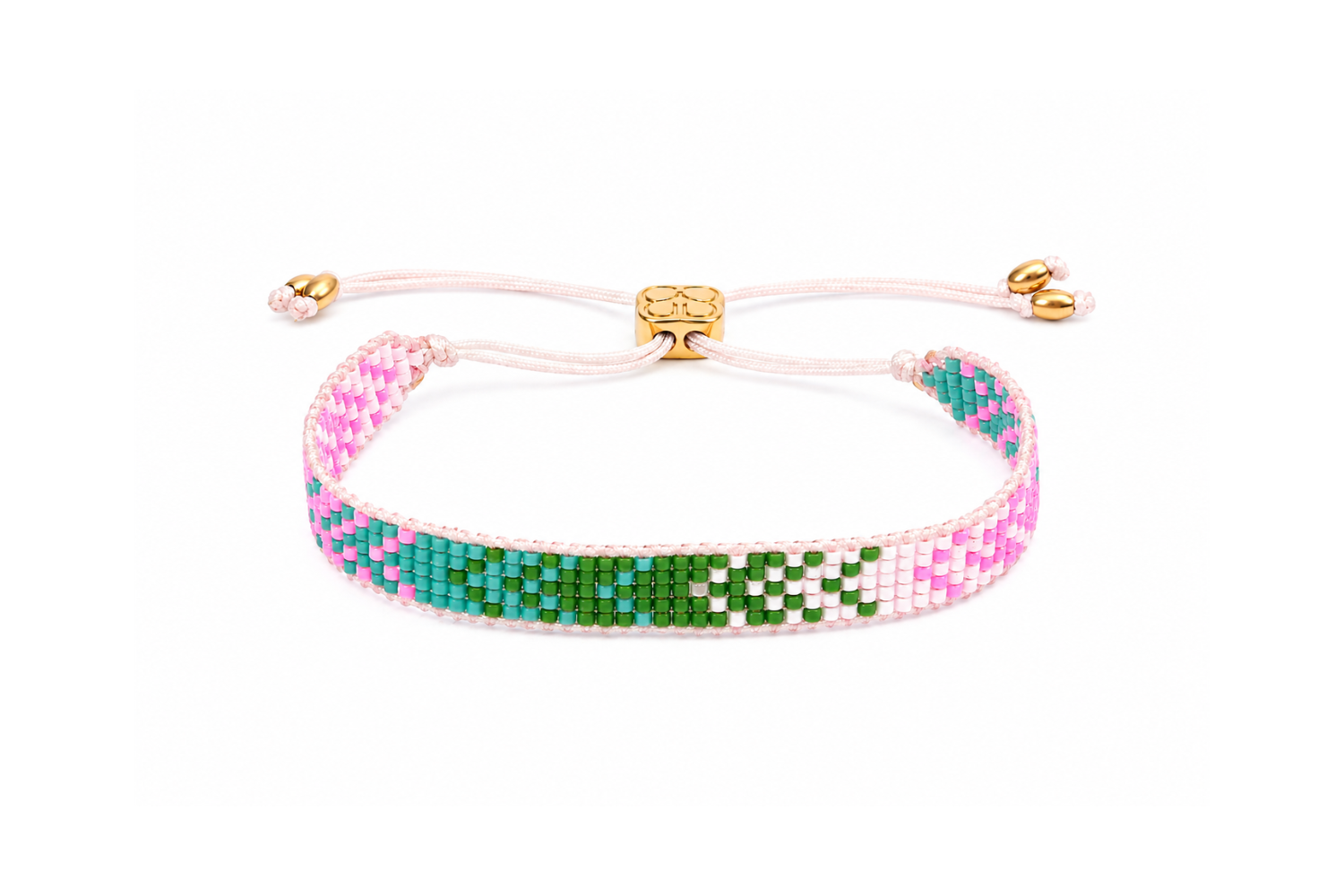 Maranta Pink & Green Gold Waterproof Beaded Friendship Bracelet featuring colourful Japanese Miyuki glass beads, pink thread and waterproof 14k Gold PVD stainless steel details.