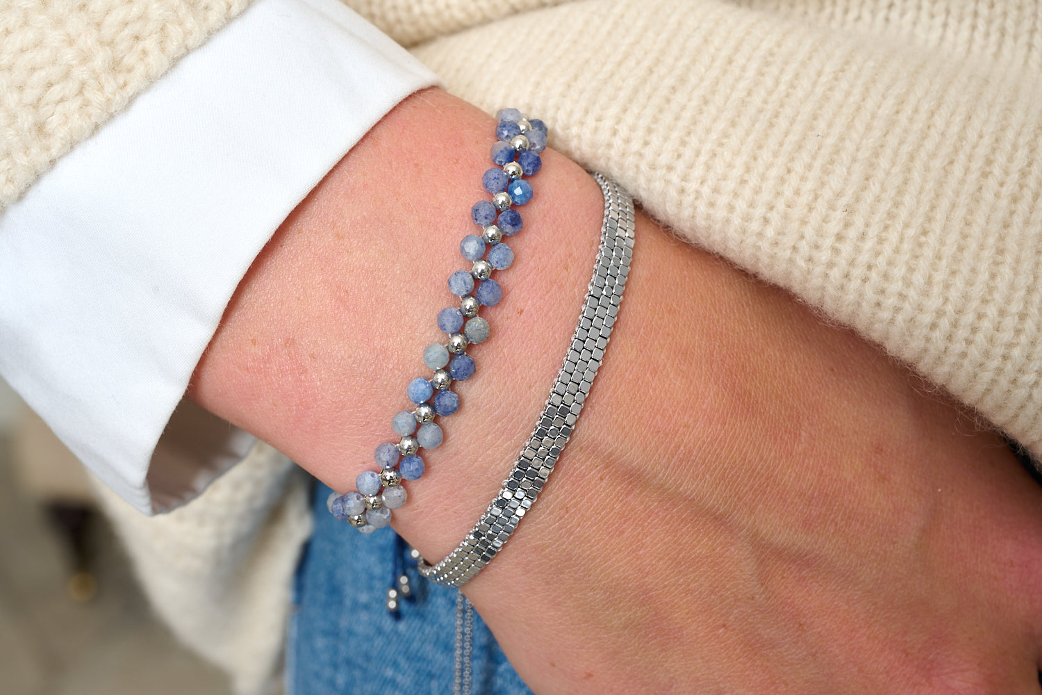 Marisol Blue Aventurine & Silver Gemstone Bracelet featured on wrist with Boho Betty stacking bracelets in silver and blue gemstone tones.