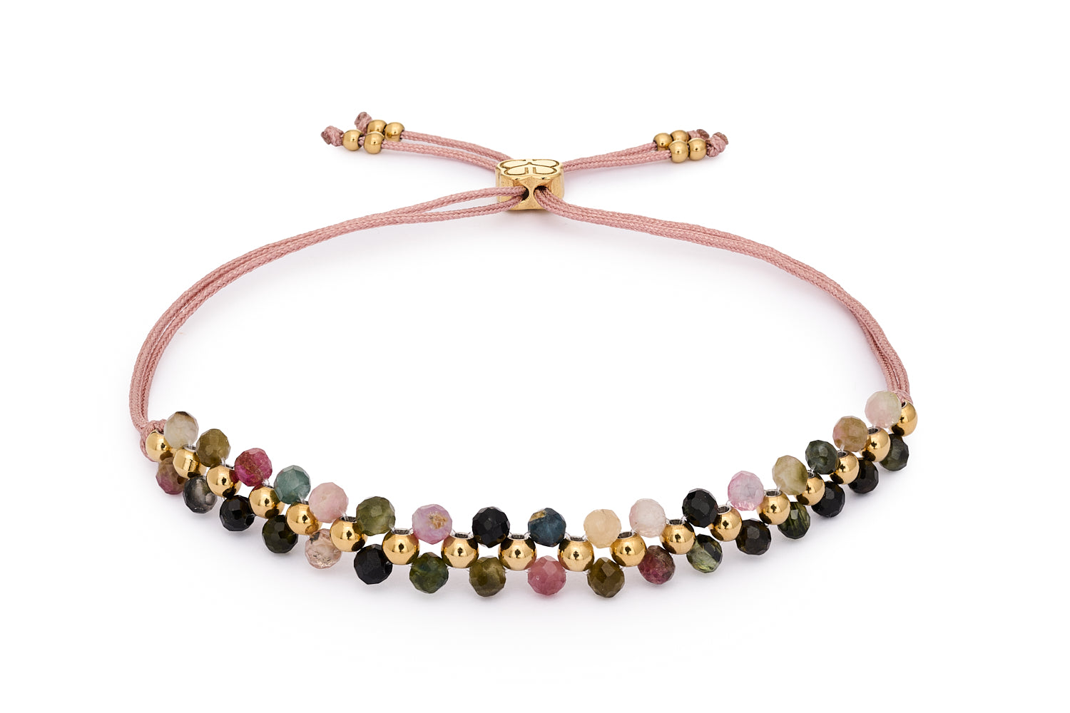 Marisol Tourmaline & Gold Gemstone Bracelet featuring multi-coloured faceted tourmaline gemstones with 14k PVD gold-plated stainless steel accents and adjustable slider fit up to 26cm.