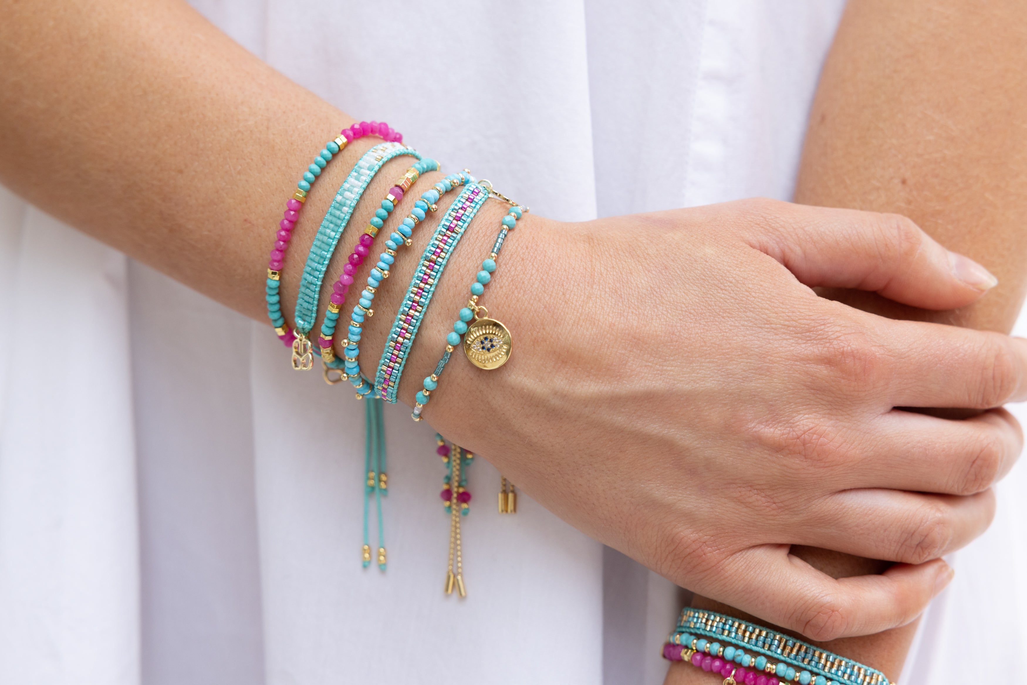 Magenta 3 Layer Gemstone Bracelet Stack - Boho Betty