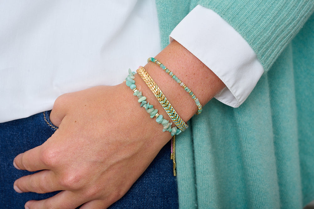 The Mauritian Amazonite stack styled with denim and cardigan for Autumn.