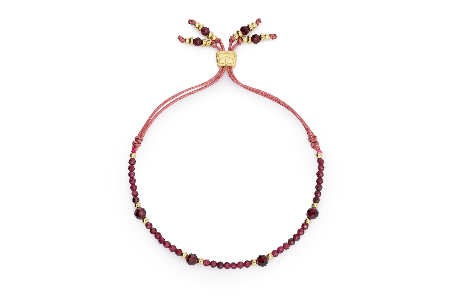 Meadow Garnet Gold Friendship Bracelet featuring red garnet gemstone beads, gold accents, and a pink adjustable thread slider for a January birthstone gift.