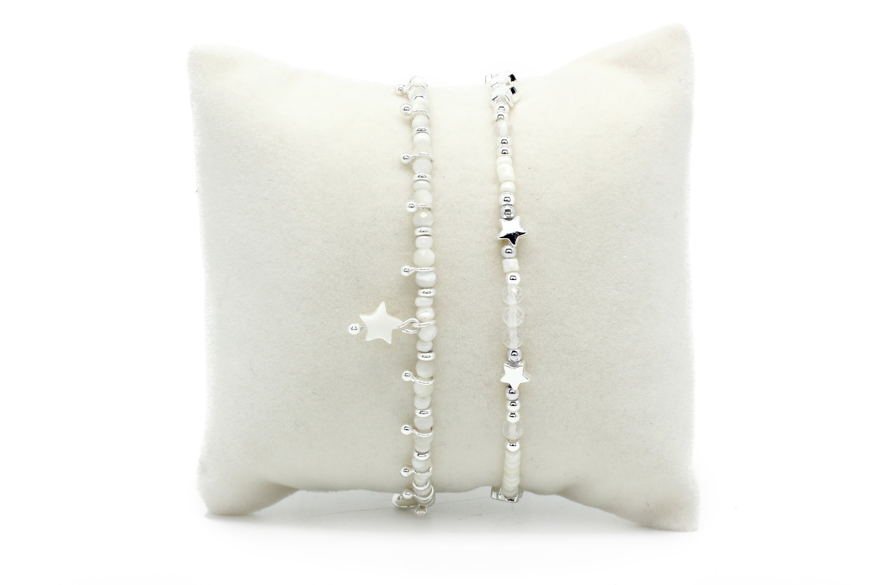 Menkib 2 Layer Bracelet Stack featuring moonstone, pearls, mother of pearl, and silver-plated accents, perfect for celestial-inspired elegance.