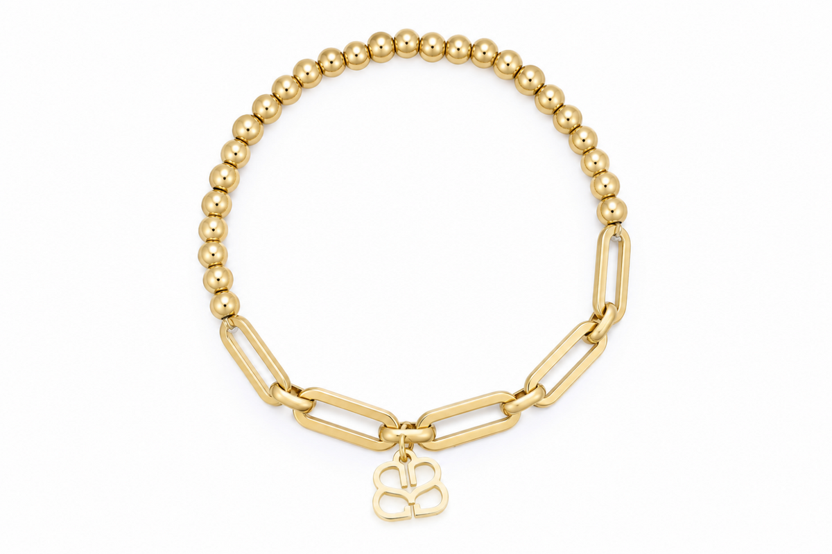 Mora waterproof gold bead and paperclip chain stretch bracelet by Boho Betty – half beads half chain with logo charm, 18cm stretch fit, stackable and waterproof